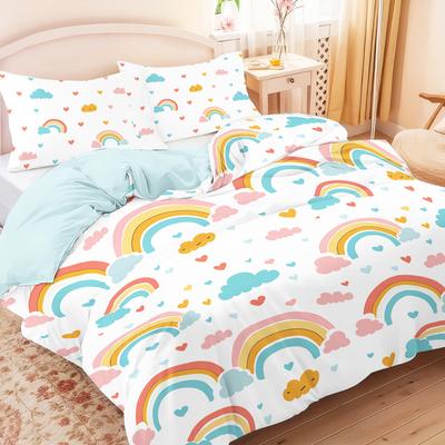 3 Stück (1 Bettbezug, 2 Kissenbezüge, ohne Füllung), Buntes und süßes Bettwäscheset mit Regenbogen-Elementen bedruckt, weich und bequem