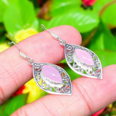 Natural Rose Quartz Gemstone Handmade 925 Sterling Silver Earring 1.73" W0k11