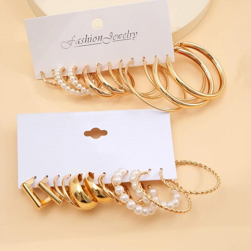 6 Pairs Earrings Golden Geometric Square Grace Ear Hoops Jewelry Sets Imitation Pearl