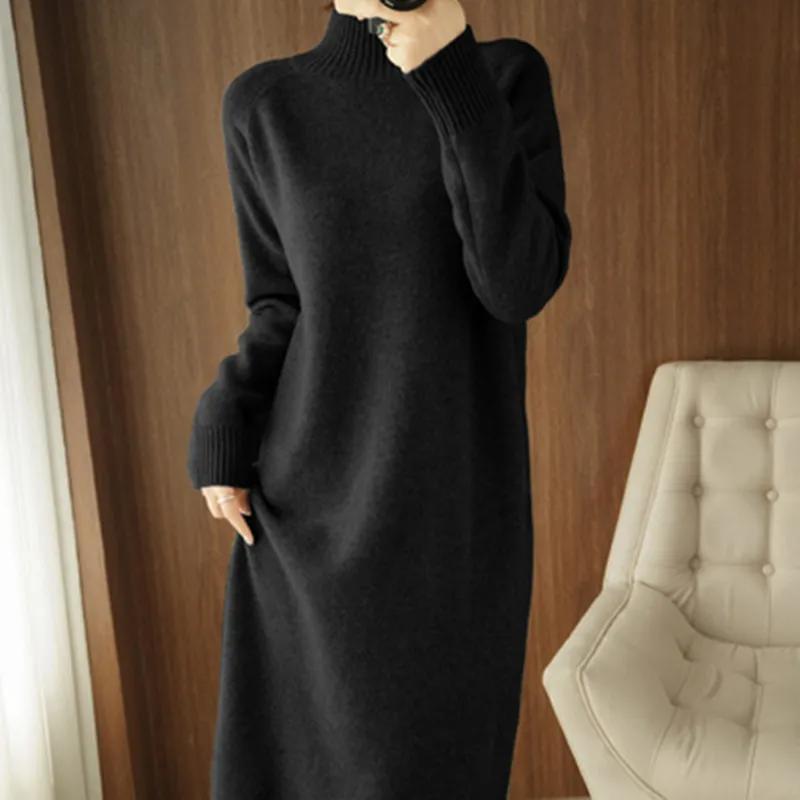 Autumn and Winter Korean Version of The Mid-length Knitted Sweater Skirt Half-high Collar Loose Bottoming Shirt Dress