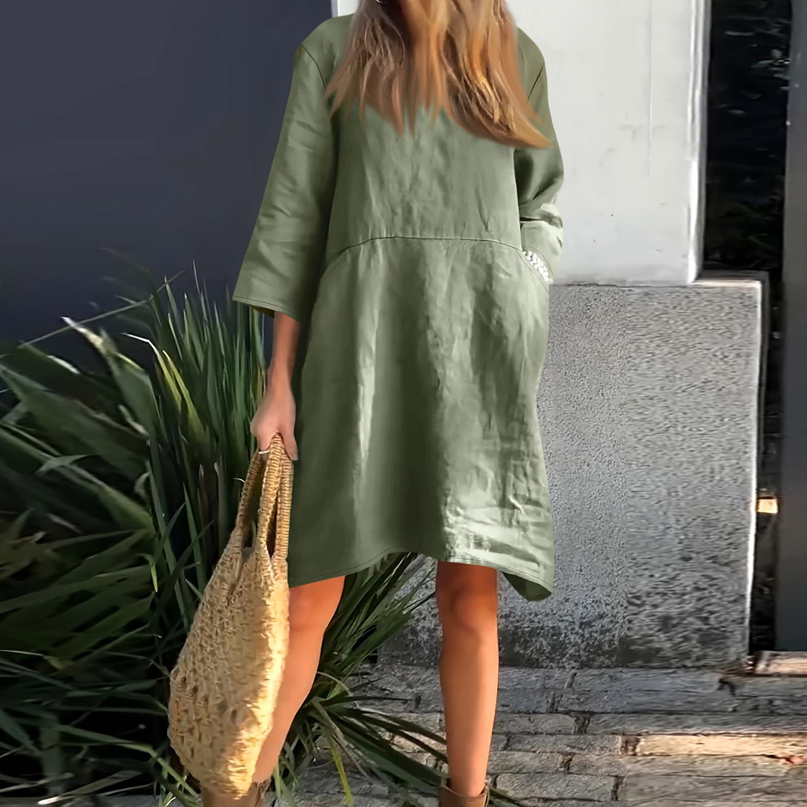 

Womens Casual Linen Dresses Loose Fit 3/4 Sleeve Shirt Dress With Pockets L армия зеленый