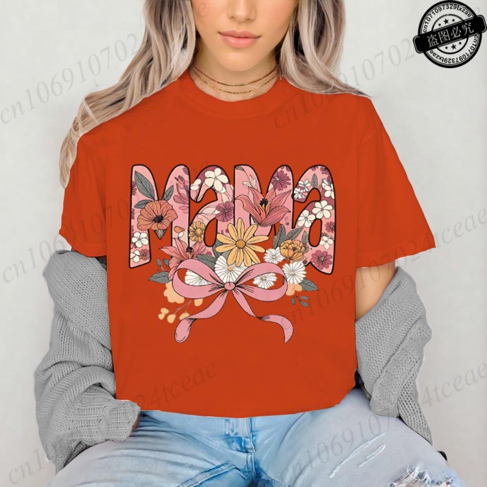 Floral Coquette T-Shirt,Pink Bow Tee Floral Mama T-Shirt for Women Vintage Retro Mama Shirt Wildflowers Mama Women's Clothing