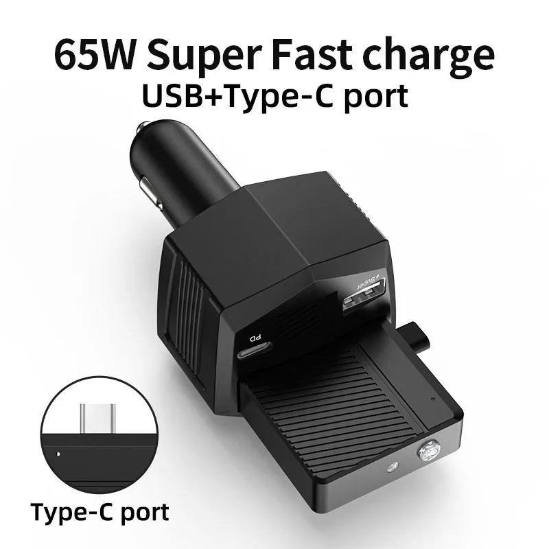 2025 New Car Charger 2 in 1 Portable Charger 2000mAh for Apple and Android Phones 65 Watt Fast Charging with Flashlight Function
