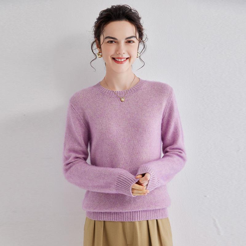 2024 Autumn/Winter Women's Cashmere Round Neck Loose Pullover Sweater - Solid Color Knit Base Layer