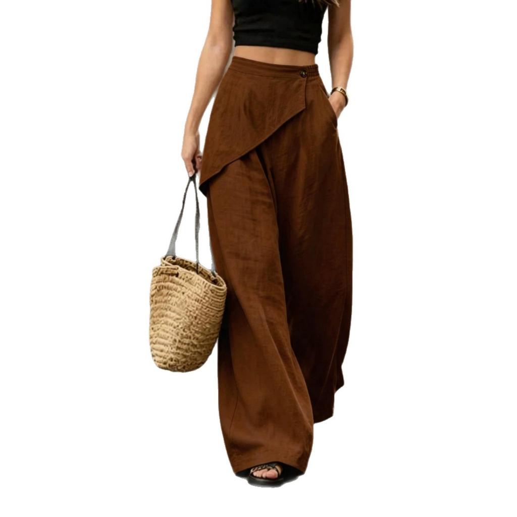New Women's Imitation Linen Wide Leg Pants, Loose Solid Color Irregular Casual Trousers, European American Style