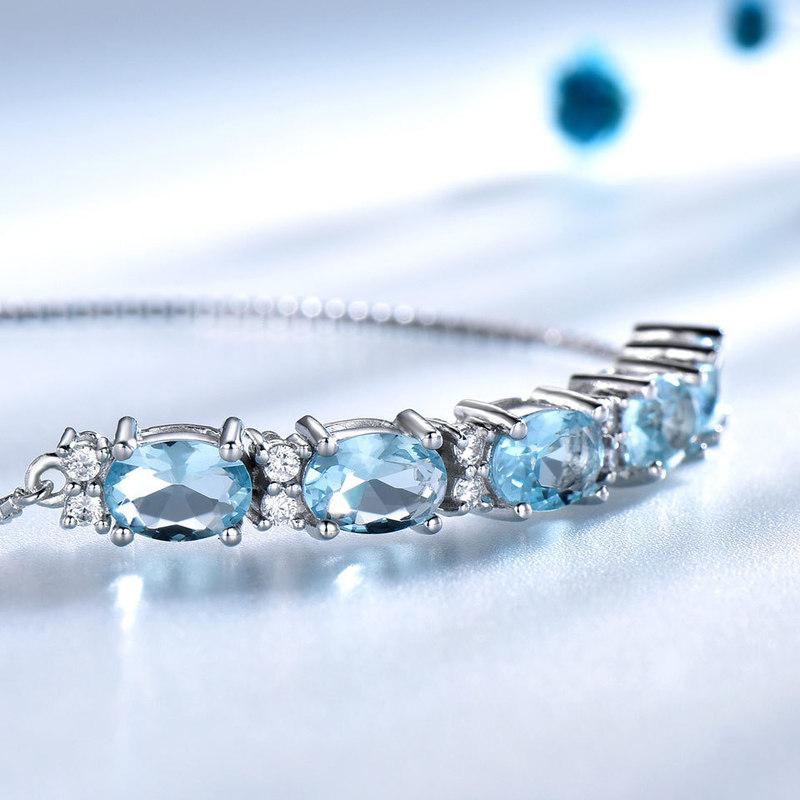 925 Sterling Silver Bracelet Adjustable Oval Cut Created Sky Blue Topaz for Women Charm Gemstone Party Birthday Fine Jewelry