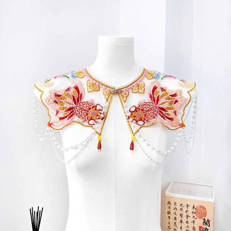 Kids Girl Goldfish Embroidered Beaded Tassels Detachable Collar Traditional Chinese Shawl Capelet Skirt Dress Decoration