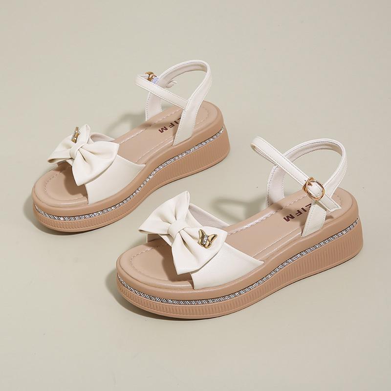 CRLAYDK Womens Wedge Sandals Bow Summer Beach Comfort Ladies Walking Ankle Strap Dressy Casual Slippers Beach Travel Shoes