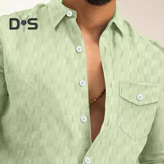 Fall Spring Men Shirt Button Turn-down Collar Long Sleeves Loose Plaid Applique with Chest Pocket Daily Wear Business Bottoming Top