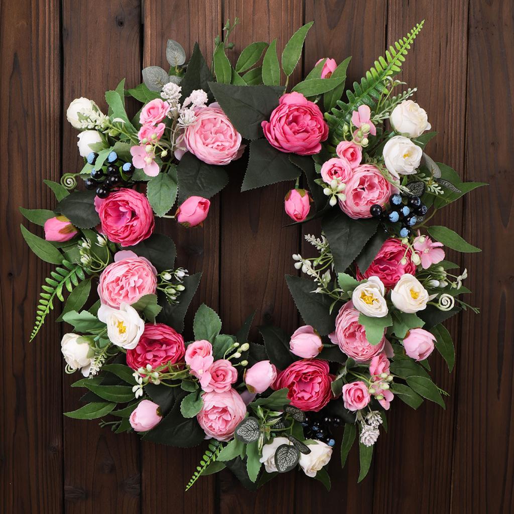 Artificial Peony Wreath Silky Fabric Beautiful Fadeproof Flower Wreath for Door Wedding Wall Decoration