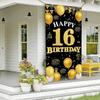 Happy 16th Birthday Decorations for Girls and Boys, Black and Gold 16th Birthday Banner Backdrop, Fabric Door Decor Yard Sign Photo Props, 16 Year