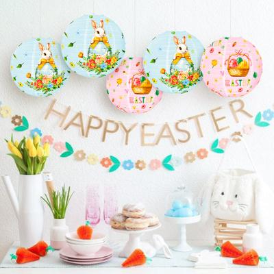 Paskalya Yuvarlak Kağıt Fener 11.81" Çap Paskalya Tavşanı Yumurta Baskılı Asılı Fener Çin Japon Kağıt Fener Ev Restoran Paskalya Dekoru için