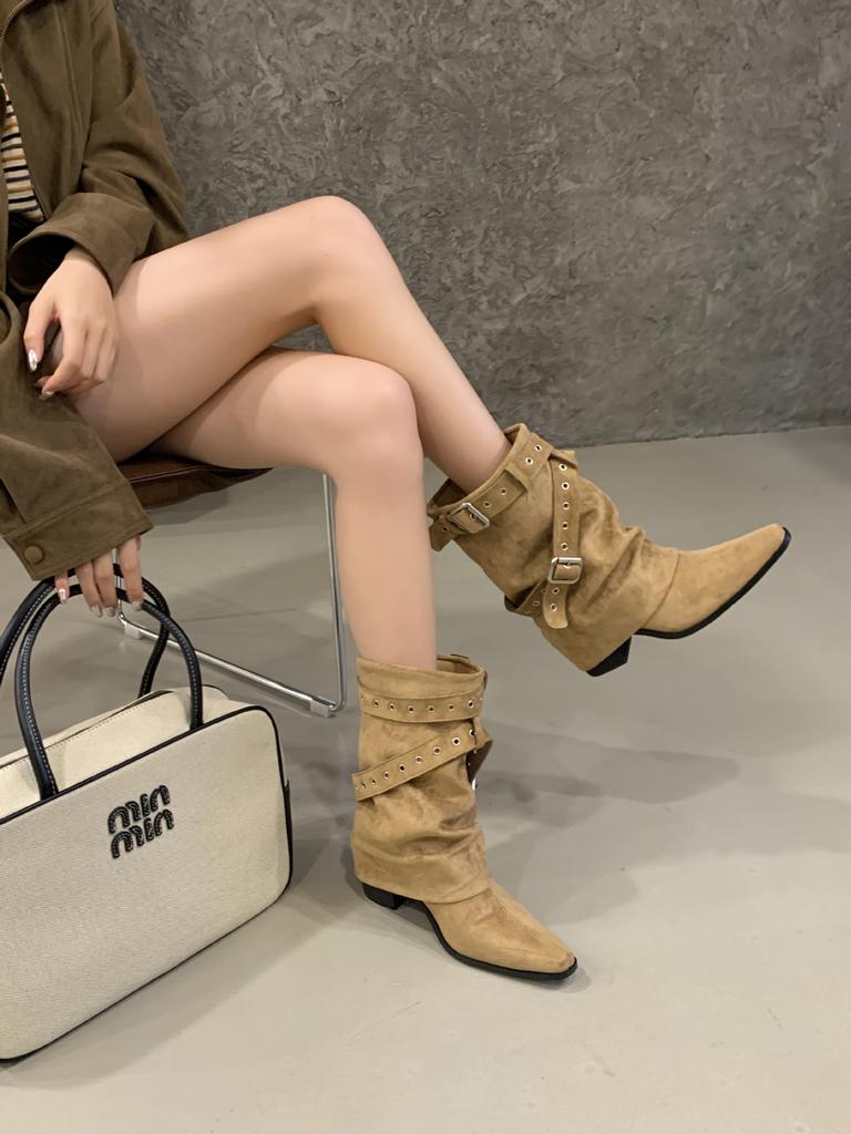 New short boots pointed belt buckle thick heel mid boots French versatile Martin boots slim high heel pant boots