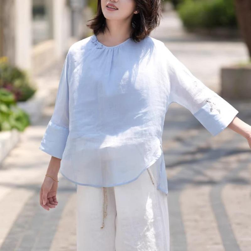 National Style Summer New Cotton and Linen Light and Breathable Shirt Top Sun Protection Embroidered Chinese Style Literary