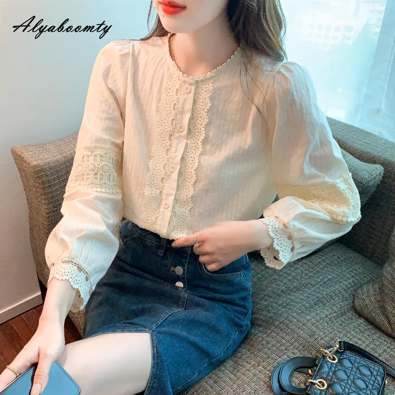 Korean Style Spring Autumn Women Elegant Lace Blouse O Neck Loose Hollow Out Blouse Long Sleeve Feminine Ladies' Blouse