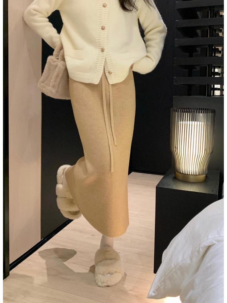 Women's High-Waist Fleece Knit Midi Skirt, Autumn/Winter 2025 Style: Thick, Loose, Drawstring, Straight Fit