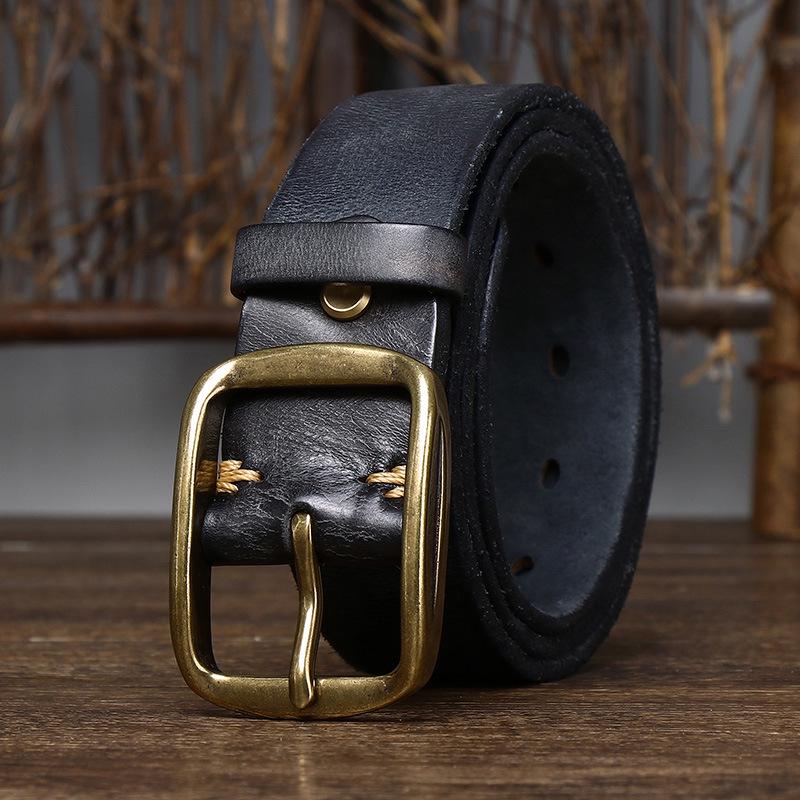 3.8CM Men's Retro Distressed Leather Belt, Genuine Leather Pin Buckle, Top Layer Cowhide, Casual Korean Style for Jeans.