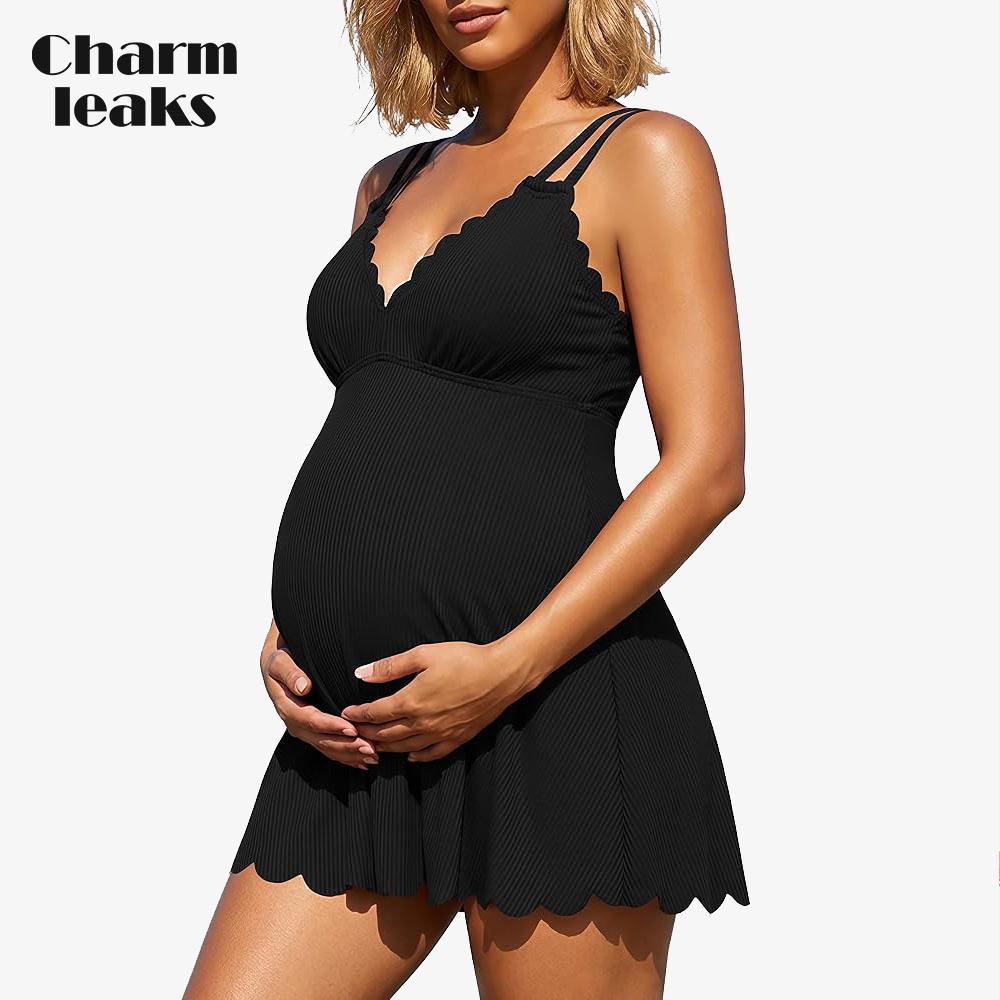 CHARMLEAKS Ribbed Maternity Swimsuit One Piece Swim Dress Scalloped V Neck Pregnancy Bathing Suit Skirt Swimwear