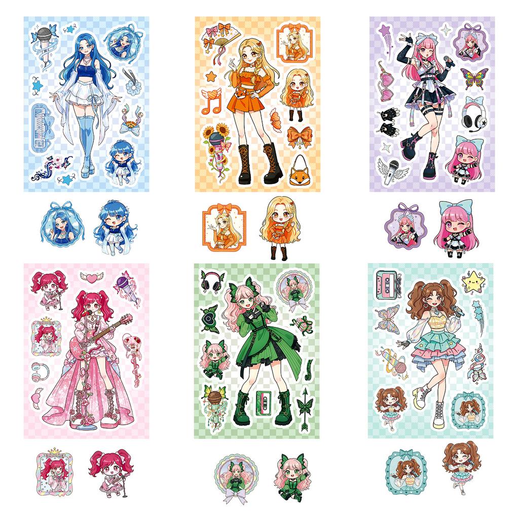 Nieuw 6 Vellen/Pak Anime Idool Meisje Puzzel Gezichtswissel Sticker Kleurrijke Zanger Elementen Handaccount Notitieboek Creatieve Collage