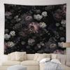 Black Floral Tapestry Retro Flower Bloosom Rustic Rose Watercolor Peony Vintage Boho Gothic Spring Plant Leaves Home Decor Wall
