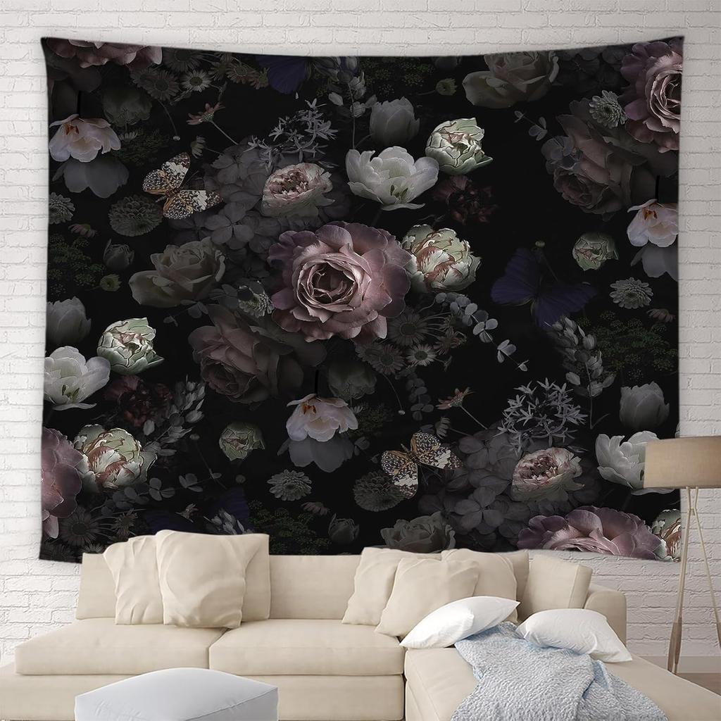 Black Floral Tapestry Retro Flower Bloosom Rustic Rose Watercolor Peony Vintage Boho Gothic Spring Plant Leaves Home Decor Wall
