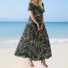 Women's Summer Casual Floral Print Short Sleeve O Neck High Waist A Line Tiered Flowy Boho Maxi Dress