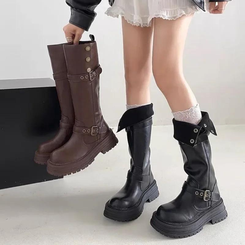 Black Retro Women's Long Boots Double Wear High Tube Knight Style Thick Bottom Spring Autumn Non-Knee High Heel Shoes