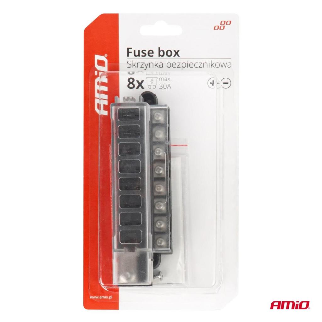 Fuse box with screw connectors, 8 sockets, AMIO-03837