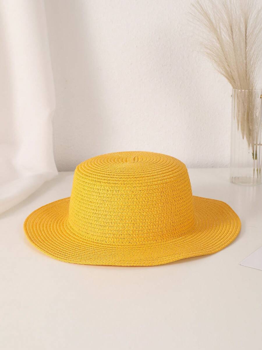 Zealous Sole Women's Orange Solid Color Flat Top Small Brim Straw Sun Hat For Beach Vacation