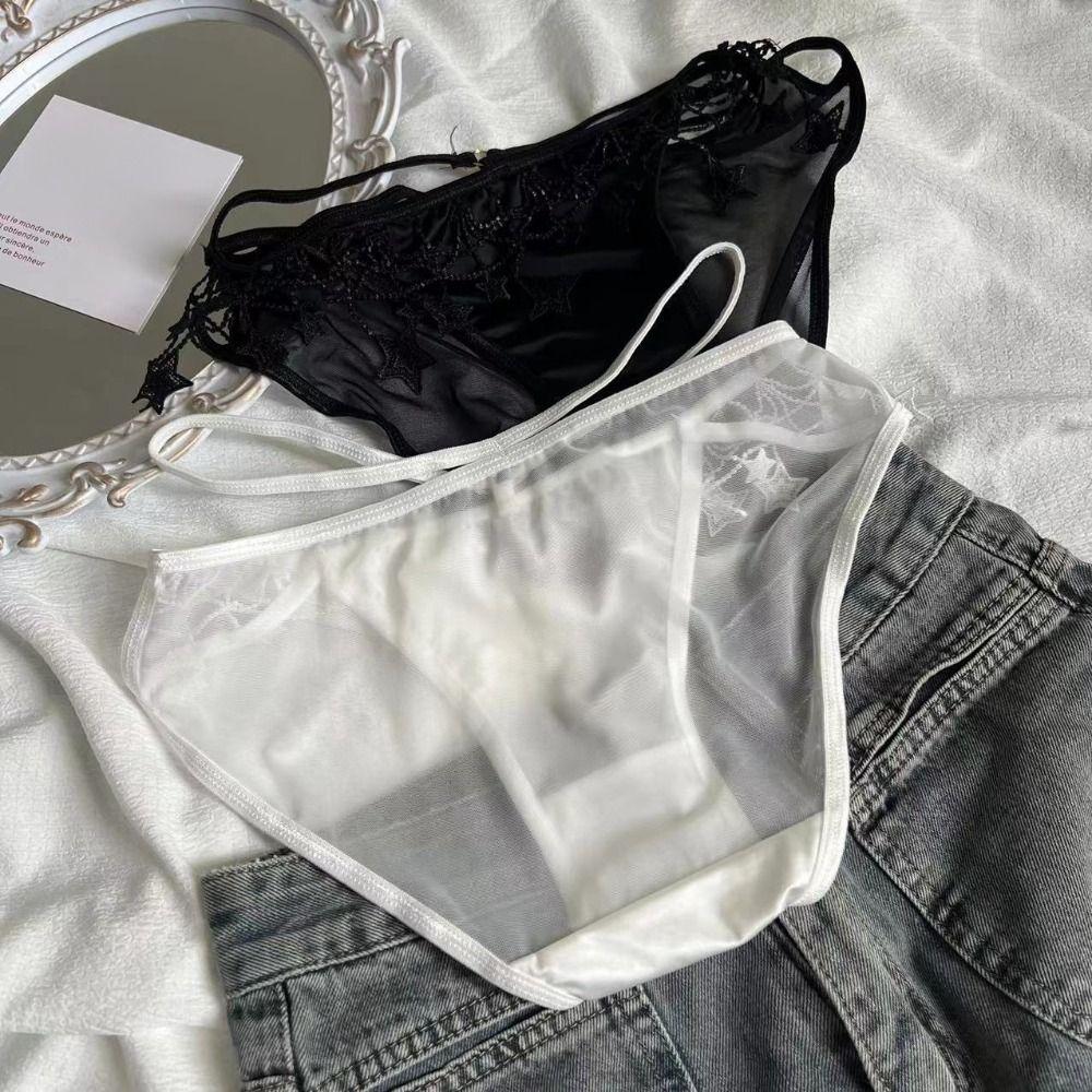 

2Pcs Thin Strap Lace Mesh Underpants Sweet Low Waist Briefs Breathable Satin Silk Panties Daily