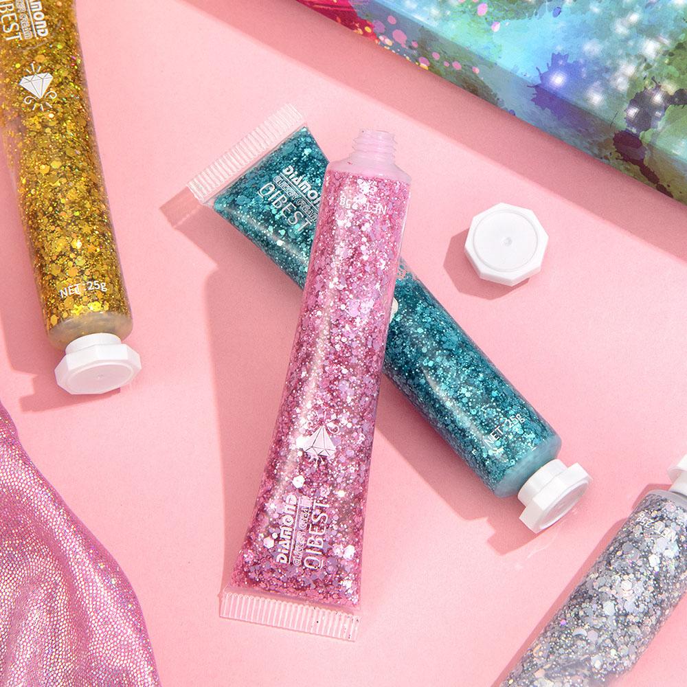 QIBEST 6-farbige Lidschatten-Paillettencreme für Gesicht und Körper, polarisierte Glitzercreme, hochglänzendes, schillerndes, aufhellendes Bühnen-Make-up