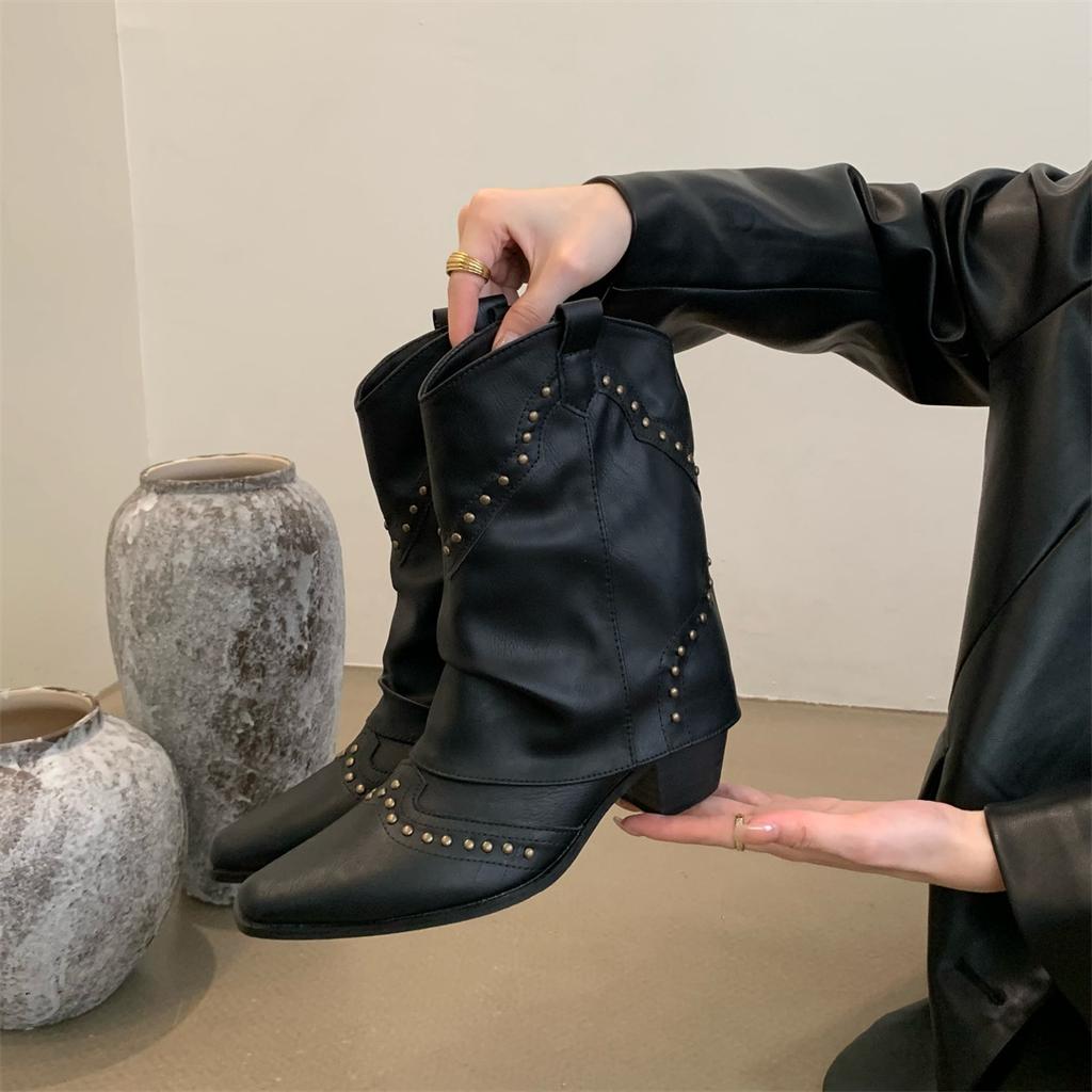 Retro brown V-mouth Martin boots fashion western cowboy boots rivet design sense cigarette tube boots women's short boots summer thin