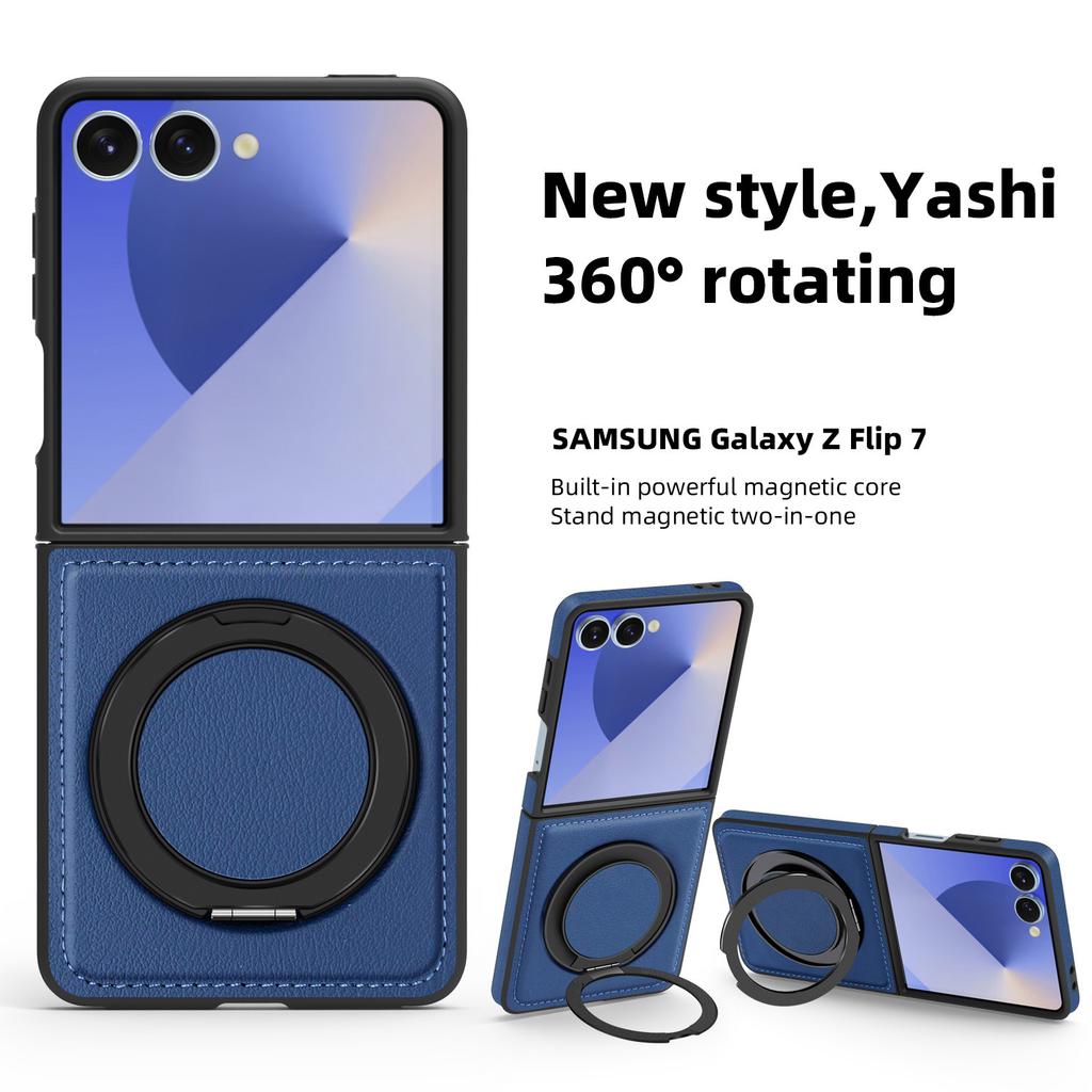 For Samsung Galaxy Z Flip7 5G Case with Ring Kickstand Compatible with MagSafe PU Leather Back Cover