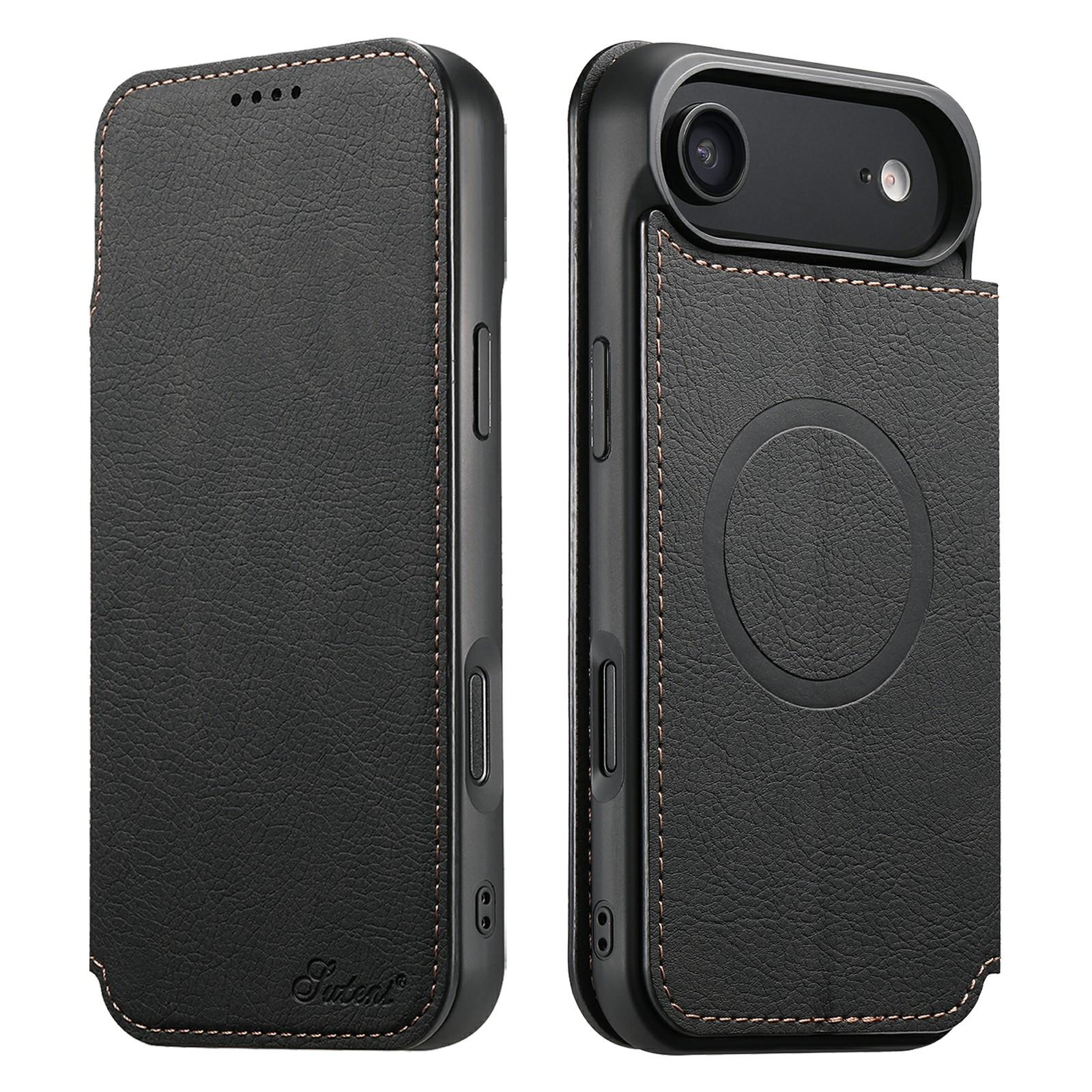 

SUTENI J06 For iPhone 17 Air Case Litchi Texture Leather Wallet Phone Shell Compatible with MagSafe Black