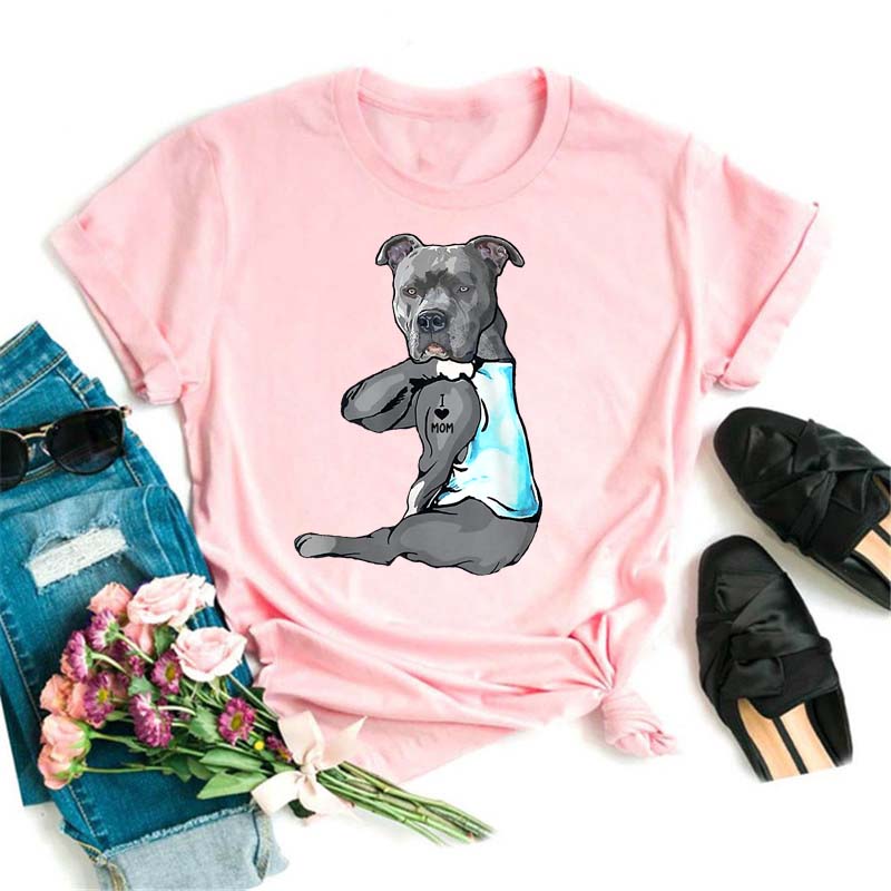 I Love Mom Print Damen T-Shirt Lustige Hundedruck Tops Harajuku Hunde-T-Shirt Sommer Kurzarm Graphic Tee Damen Kleidung