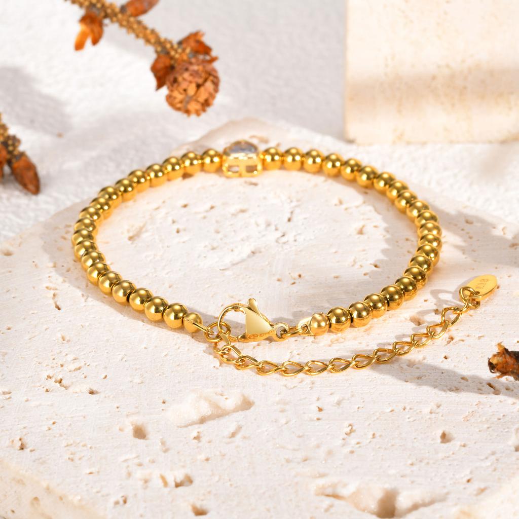 2026 Chic Zircon Heart-shaped Bracelet for Women, Stainless Steel Gold Plated Ball Beaded Bracelet, Luxury Jewelry Gift