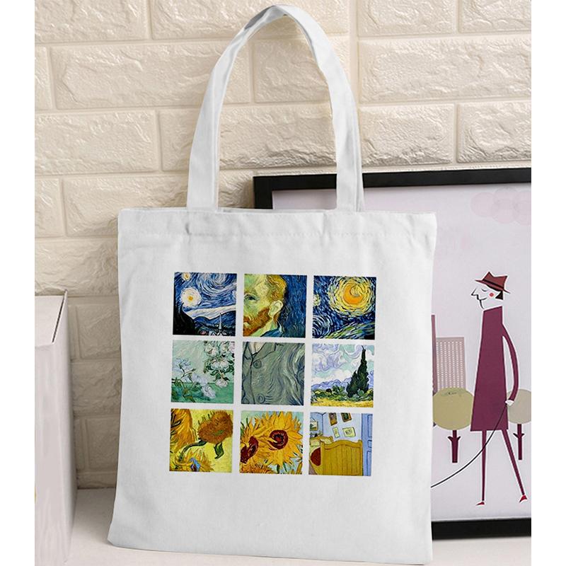 Women Graphic College Harajuku Shopper Bag Van Gogh Sunflower Starry Sky Shopping Bag Women Canvas Shoulder Bag Large Tote Bag
