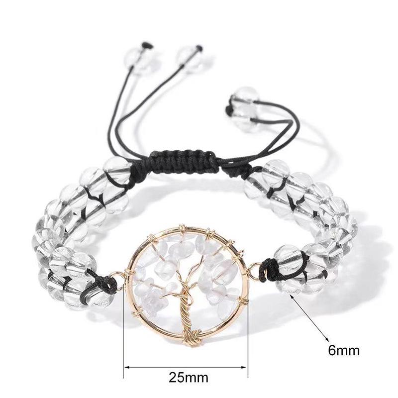 Natural Stone Double-Layer Woven Bracelet for Women - Retro Crushed Stone & Wire Wrapped Tree of Life Design