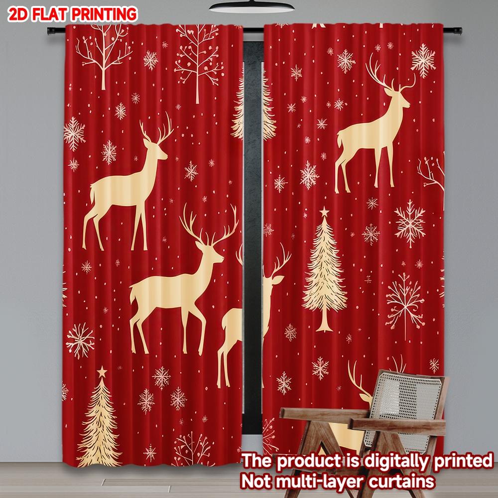 Flat Printing Happy Christmas Party Curtains Reindeer Snowflakes Digital Printed Polyester Drapes Durable Curtain Set Of 2 Made Washable