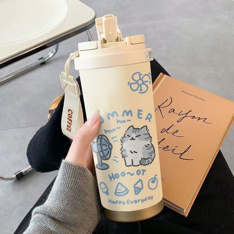520ml Cute Cartoon Cat Insulated Cup High Appearance Stainless Steel Straw Cup Cold And  Insulation Double Drinking Cup
