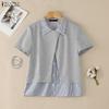 ZANZEA Women Stripe Splice Turn Down Collar Short Sleeve Blouse