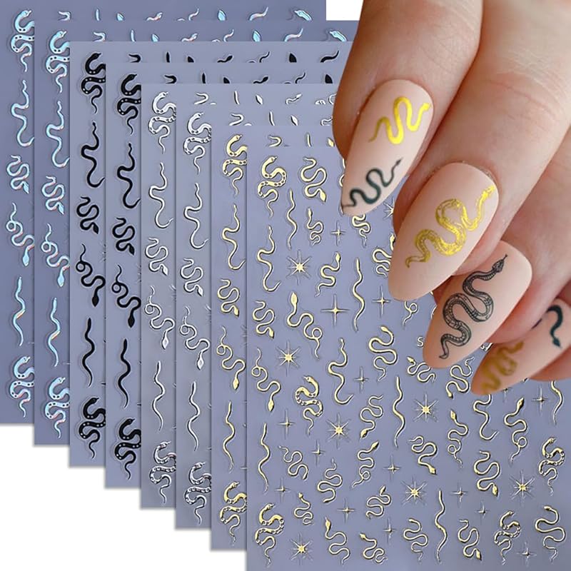 8 Sheets Nail Art Stickers, Gold Silver Star Snake Nail Decals 3D Self-Adhesive Laser Gold Silver Black Snake Nail Design Stickers DIY Manicure