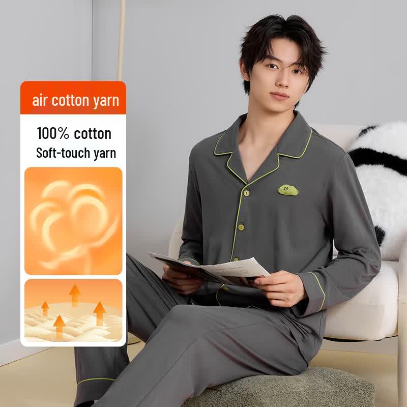 Men s Combed Cotton 7A Antibacterial Long Sleeve Pajama Set 2XL