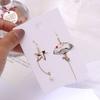 1 Pair Women Earrings Fan Crane Asymmetry Jewelry Animal Pendant Faux Pearl Painted Hook Earrings for Dating