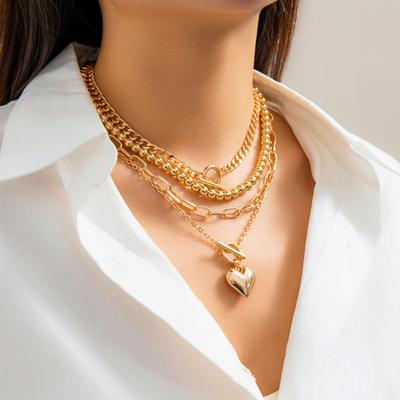 4Pcs/Set Women Necklace Set Heart Pendant Round Paper Clip Chain Electroplated Necklace Adjustable Extended Chain Necklace