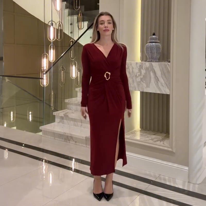 

2025 Women s Solid Color V-neck Long Sleeve Pleated Button Split Dress XXL вино красного
