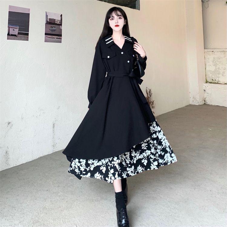 Retro design knee-length skirt large size waist splicing floral pendulum irregular dress