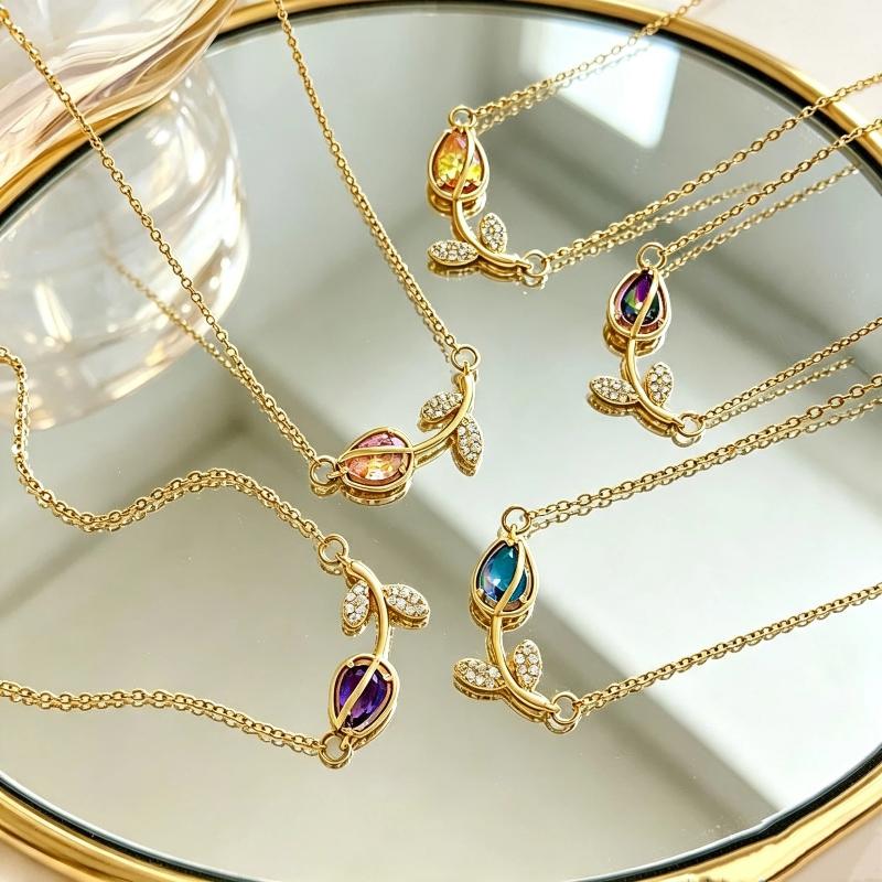 Elegant Stainless Steel Tulip Necklace Glittering Colorful Crystal Charm Jewelry for Women Engagement Event Wear