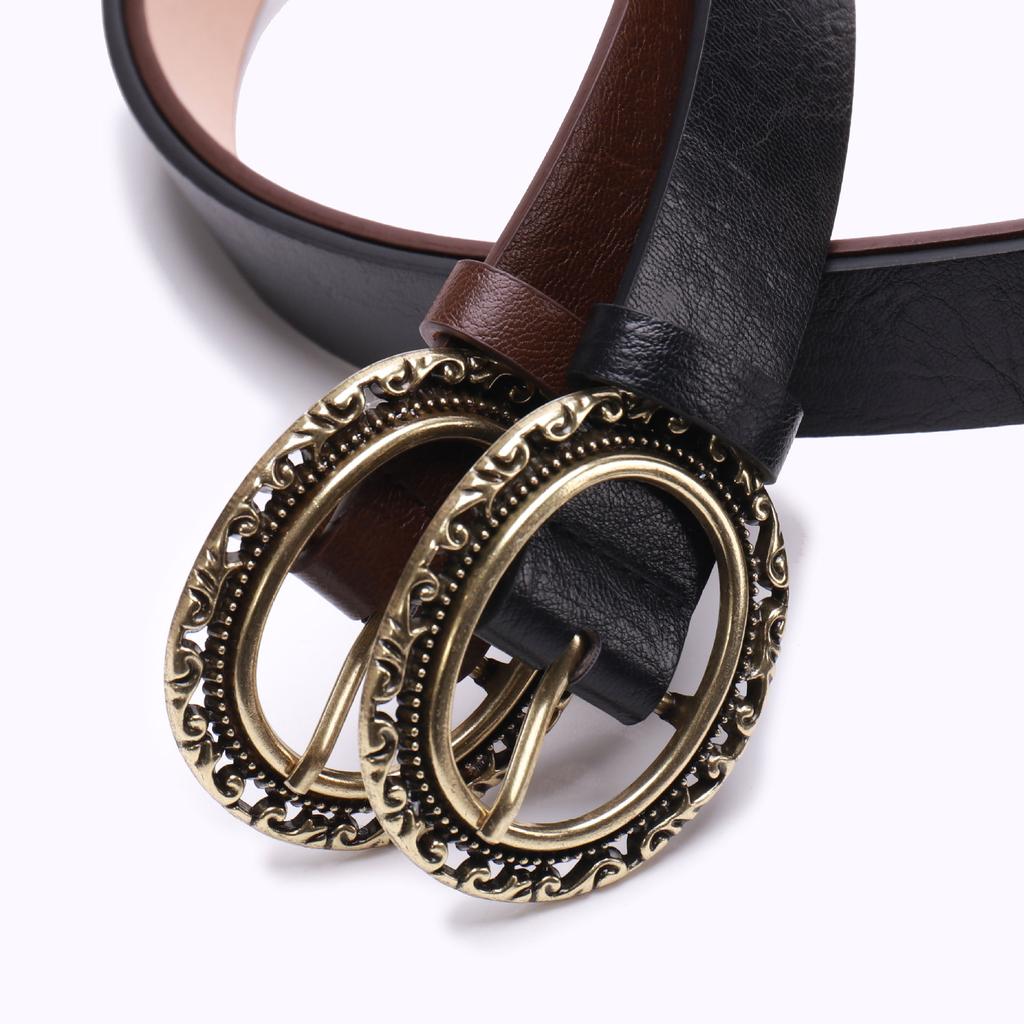 Vintage Carved Waist Belt for Women Antique Bronze Oval Buckle Decorative Leather Belt for Jeans Dresses 2pcs