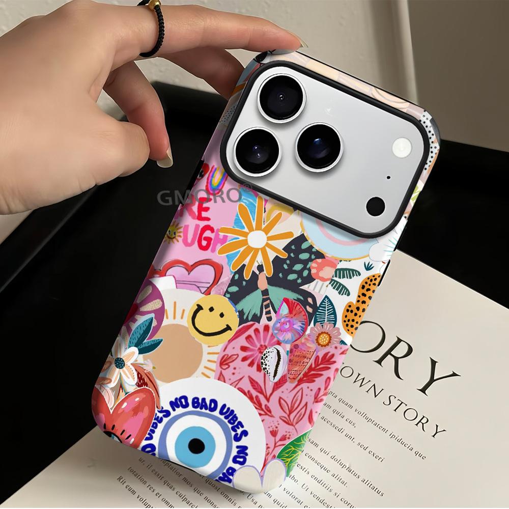 Niche Splicing Illustration Apple 15promax Mobile Phone Case New Iphone17pm Film Two-in-one Matte Case